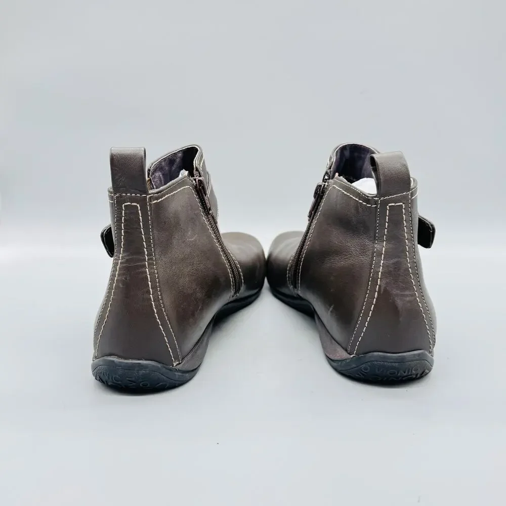 Vionic Boots Womens 10 Brown Leather Adrie Ankle Zip Buckle Flat Booties Shoes